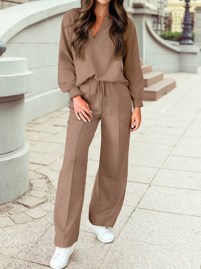 Polo Collar V Neck Pullover and Drawstring Sweatpants Set