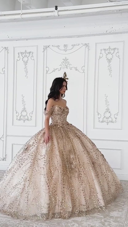 OFF THE SHOULDER GLITTER FLORAL PRINT GOLD BALL GOWN