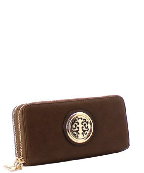 Faux Leather Emblem Double Zipper Wallet