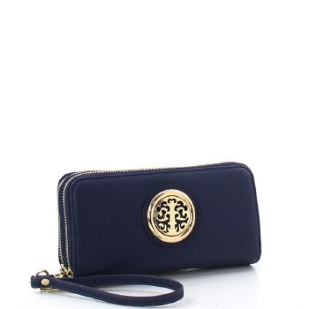 Faux Leather Emblem Double Zipper Wallet