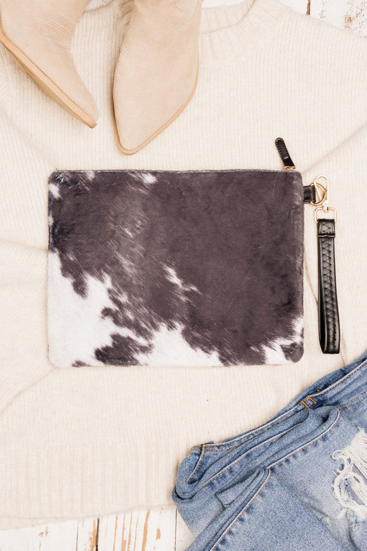 Faux Fur Cow Animal Print Clutch